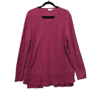 Prairie Cotton Womens Large Pink Slub Knit V-Neck Tiered Hem Tunic Top CS641